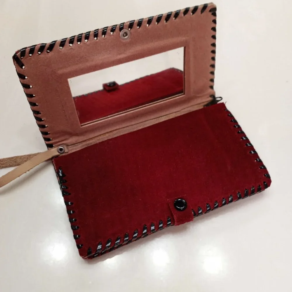 Red Leather Women Wallet w/Zipper & Mirror Handmade by Central American Artisans